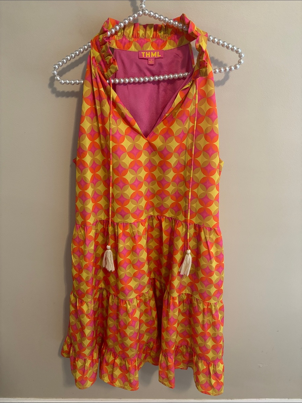 THML Jessie Geometric Floral Tiered Mini Dress Orange Pink Boho Tassels Medium